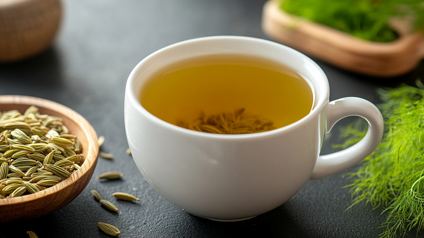 White cup of fennel tea with fennel seeds on a dark surface.