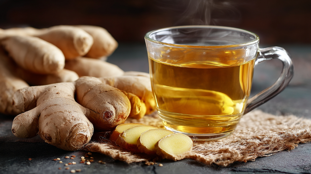 Steaming cup of ginger tea with fresh ginger roots and slices on a rustic mat.
