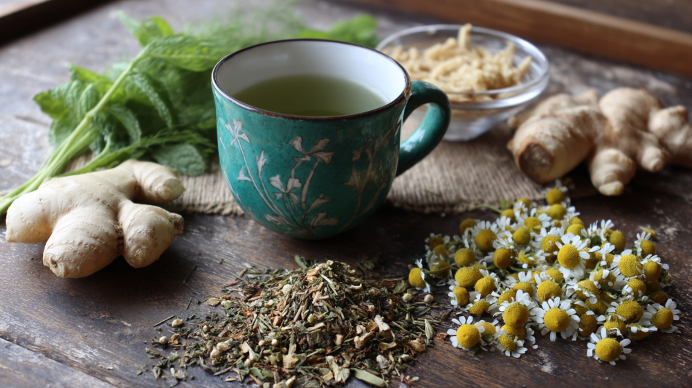 Herbal tea with ginger, chamomile, mint, and loose leaves on a wooden table.
