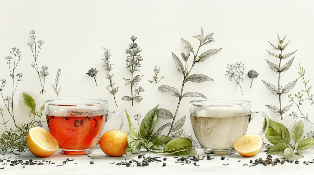 Two glass cups of tea with herbs and lemon slices, surrounded by botanical illustrations.