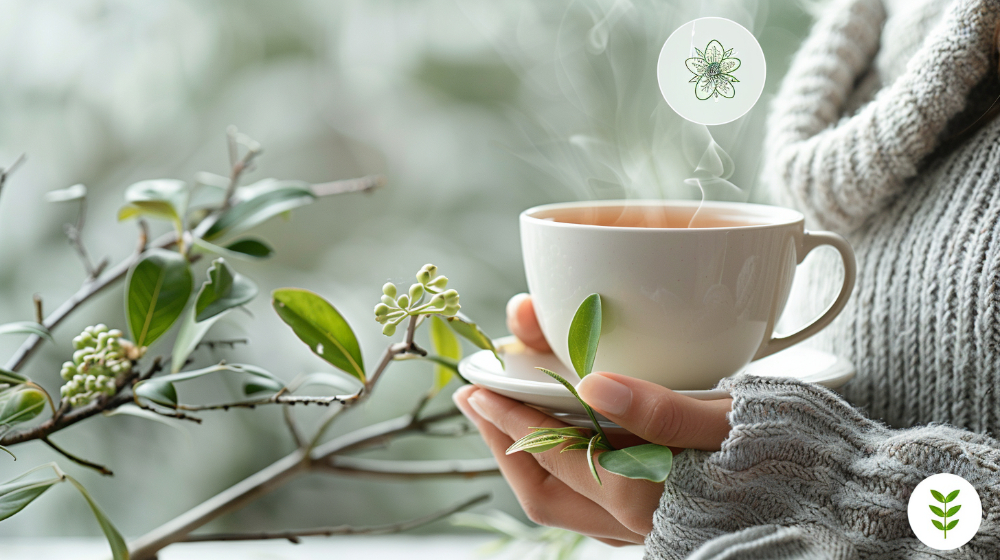 Steaming cup of tea held by a person in a cozy sweater, surrounded by green leaves.