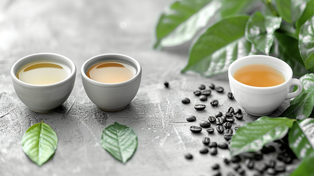 Three cups of tea with green leaves and coffee beans on a textured surface.