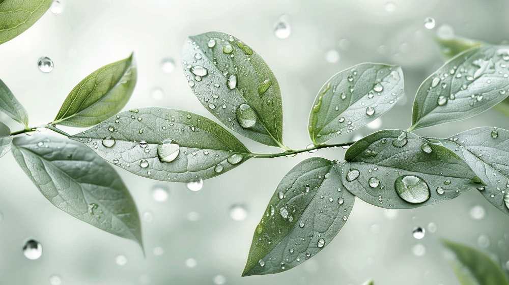 Green leaves with water droplets on a branch against a soft, blurred background.