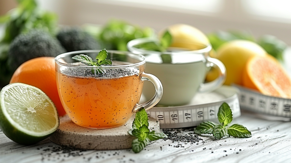 Two cups of herbal tea with mint, surrounded by citrus fruits and a measuring tape.