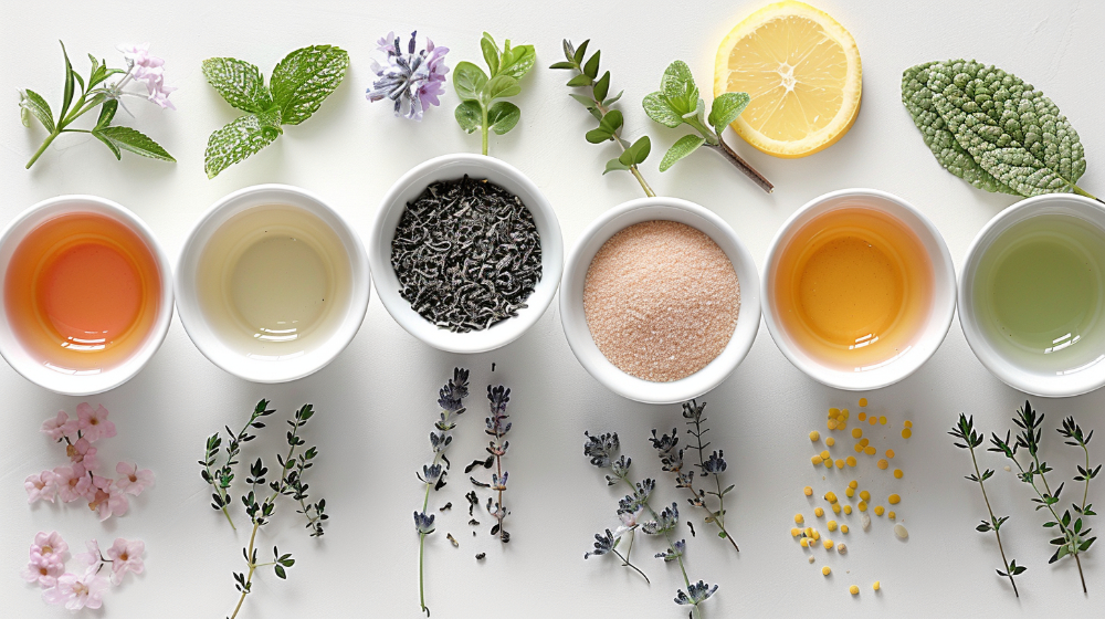 Assorted teas and ingredients including herbs, lemon, and sugar on a white background.