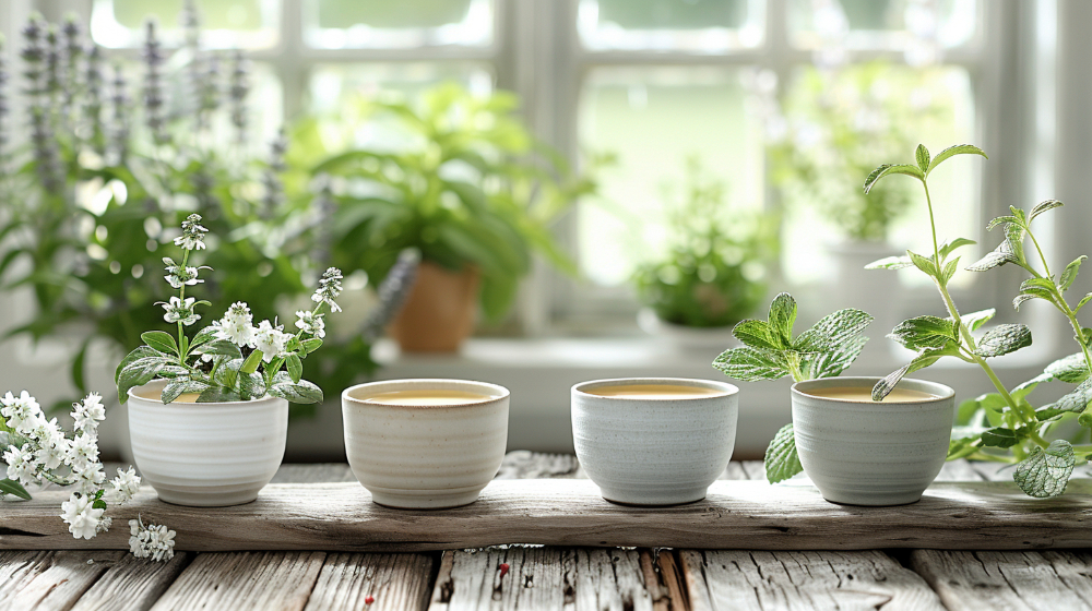 Four cups of tea on a wooden plank, surrounded by fresh herbs, with a sunny window backdrop.