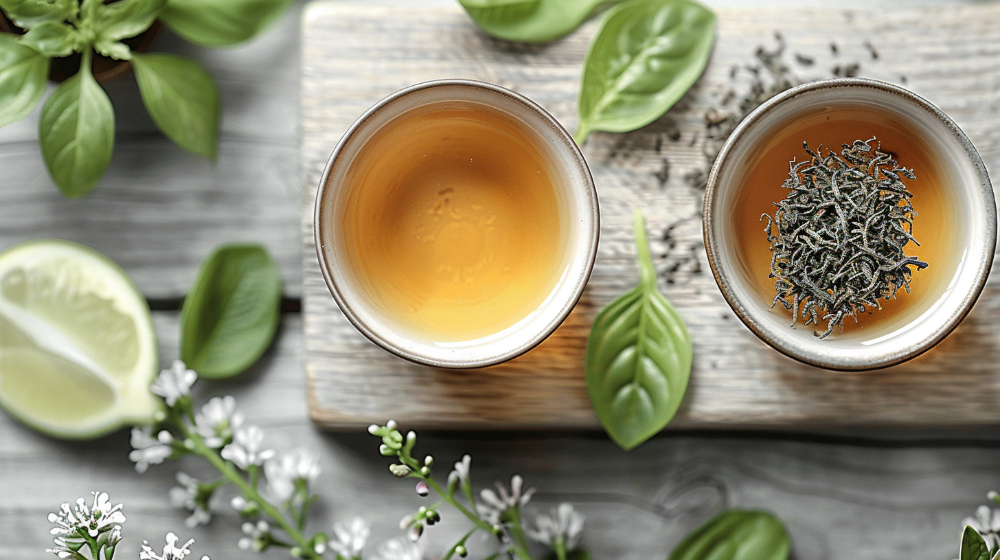 Two cups of herbal tea with loose leaves, surrounded by basil, lime, and white flowers on a wooden surface.