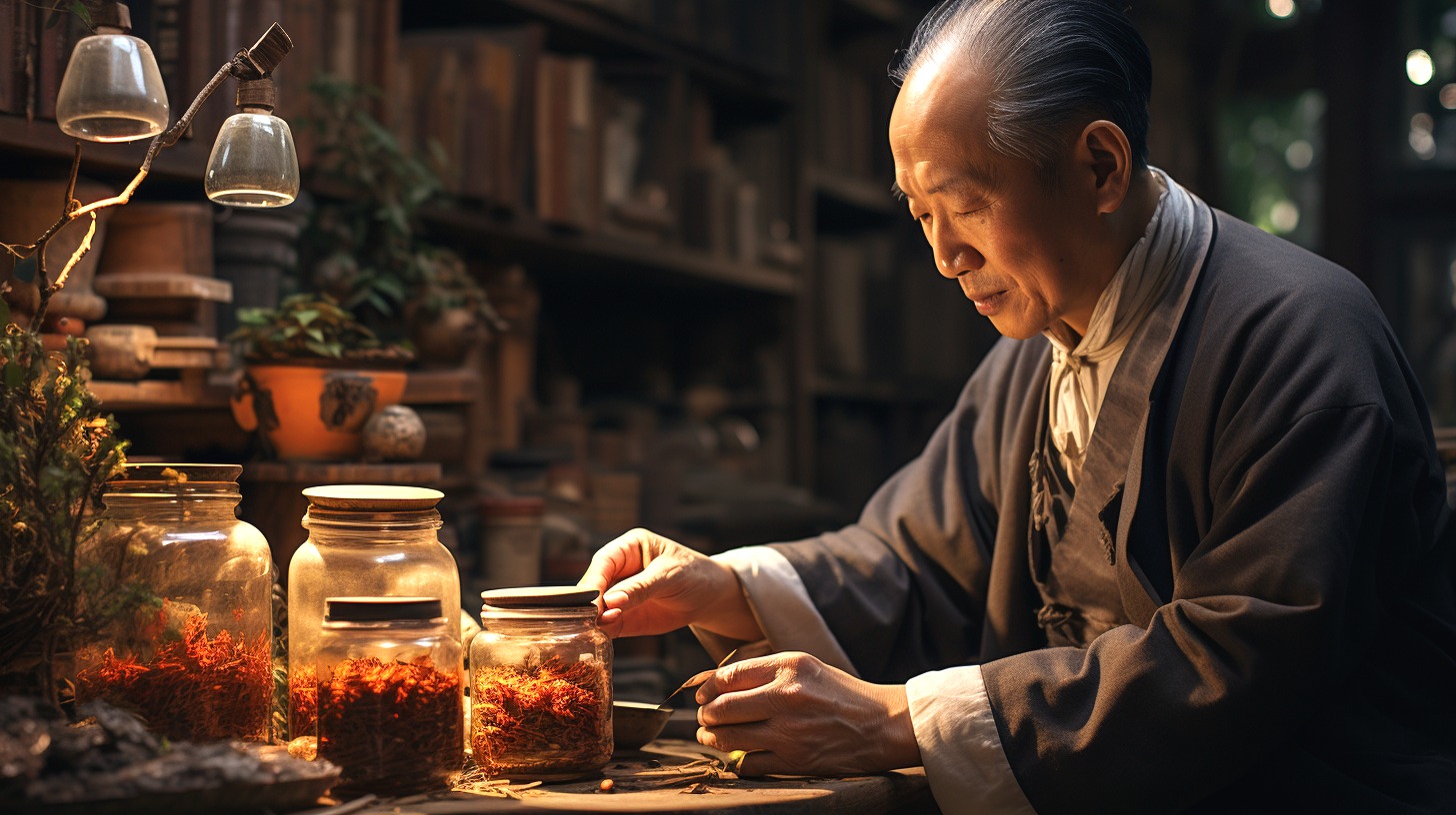 Elderly man examining herbs in jars in a cozy, dimly lit apothecary.