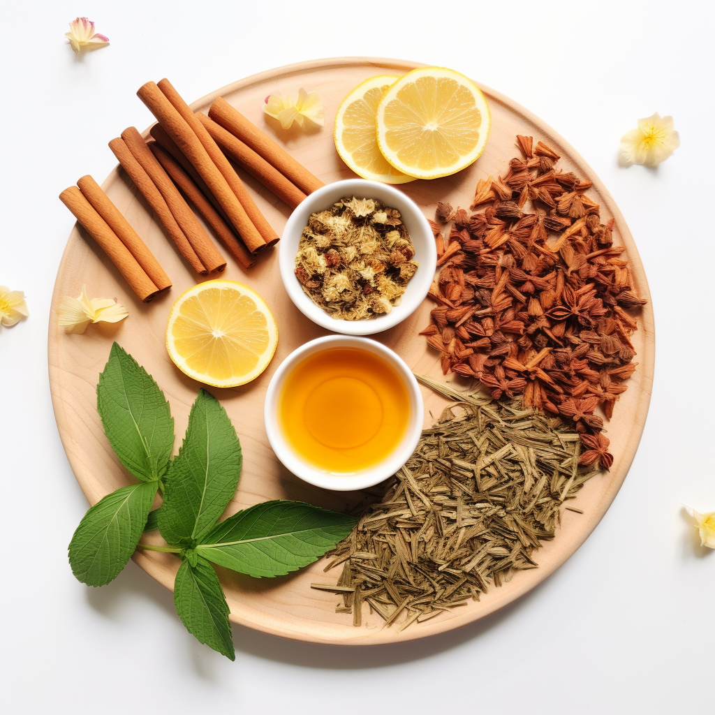 Wooden platter with cinnamon sticks, lemon slices, herbs, star anise, and a bowl of tea.