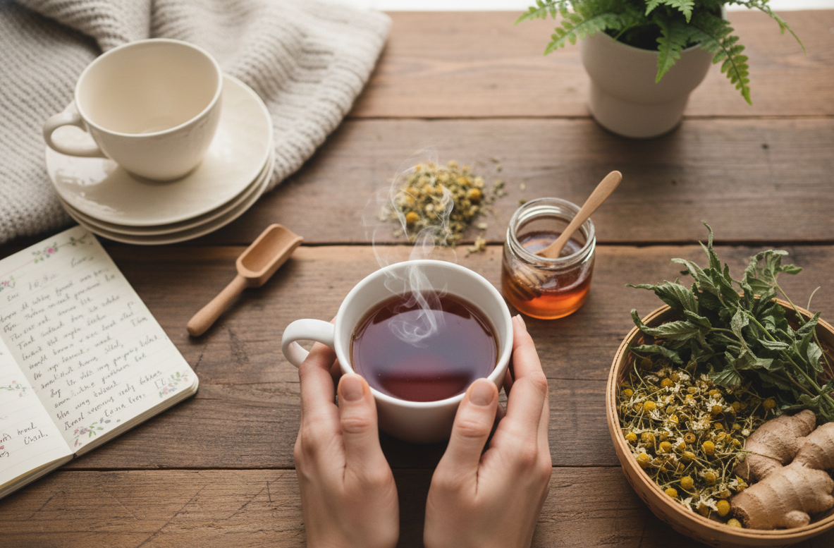 Hands holding a steaming cup of tea on a wooden table with honey, chamomile, ginger, and a notebook.