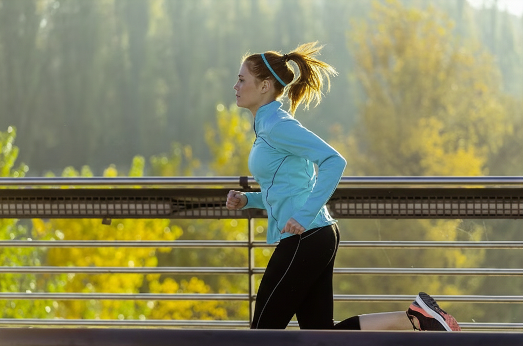 Woman jogging on a bridge in a blue jacket, surrounded by autumn trees.