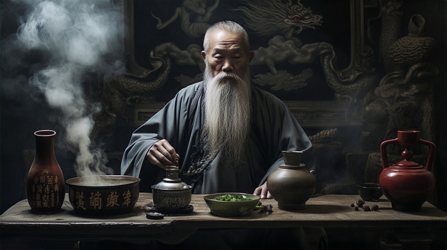 Elderly man with a long beard preparing tea, surrounded by steaming pots and vases, in a traditional setting.