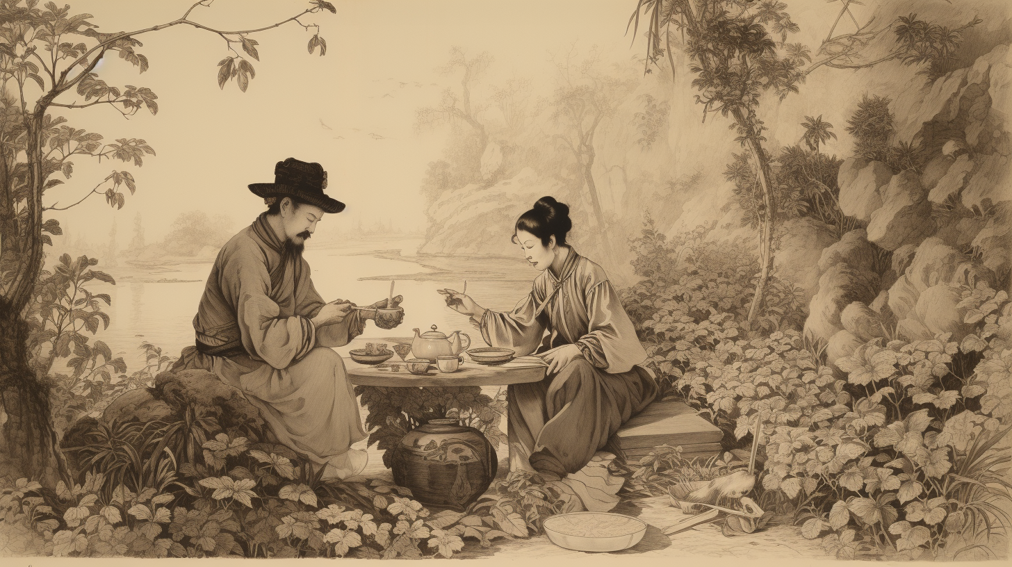 Two people in traditional attire enjoying tea outdoors by a river, surrounded by lush foliage.