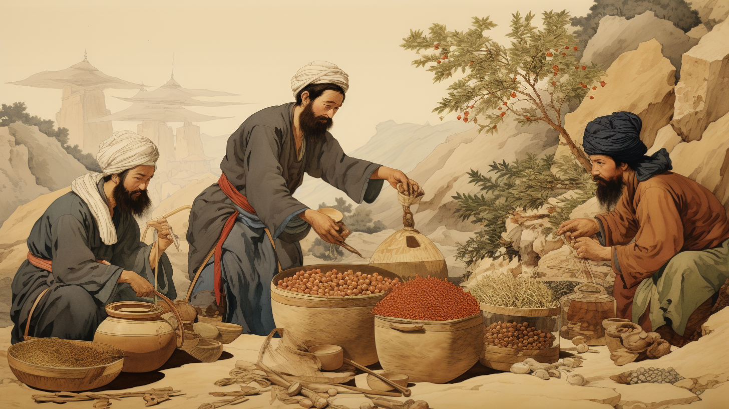 Three men in traditional attire sorting herbs and spices in a mountainous landscape.