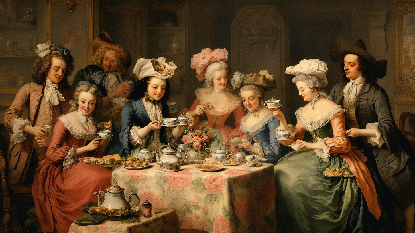 18th-century tea party with elegantly dressed men and women around a table with tea sets and pastries.