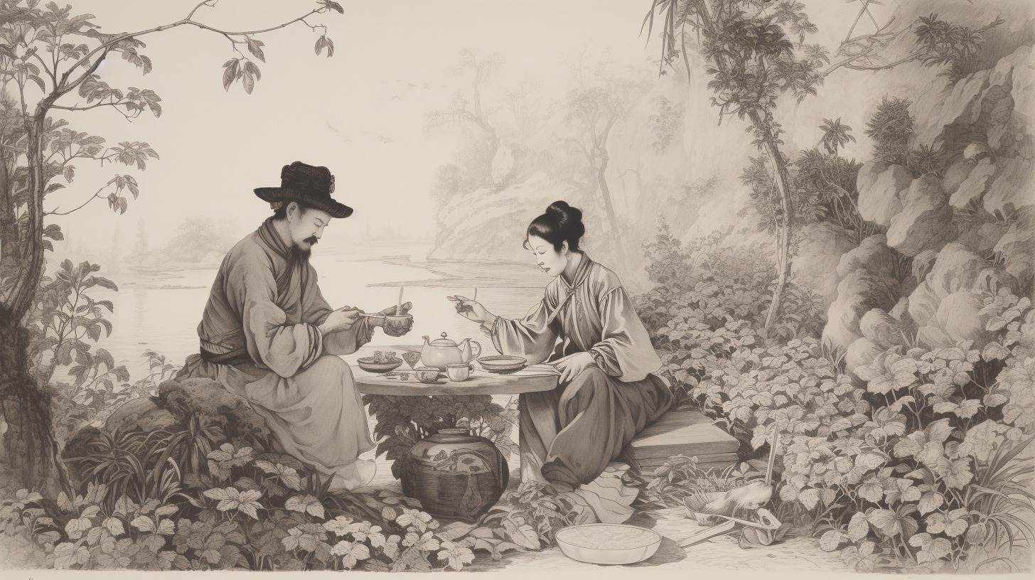 Two people in traditional attire enjoying tea by a river in a serene, natural setting.