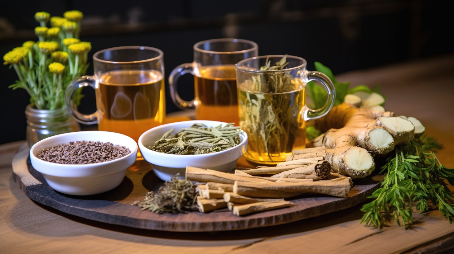 Herbal tea with ginger, cinnamon, and assorted herbs on a wooden tray.