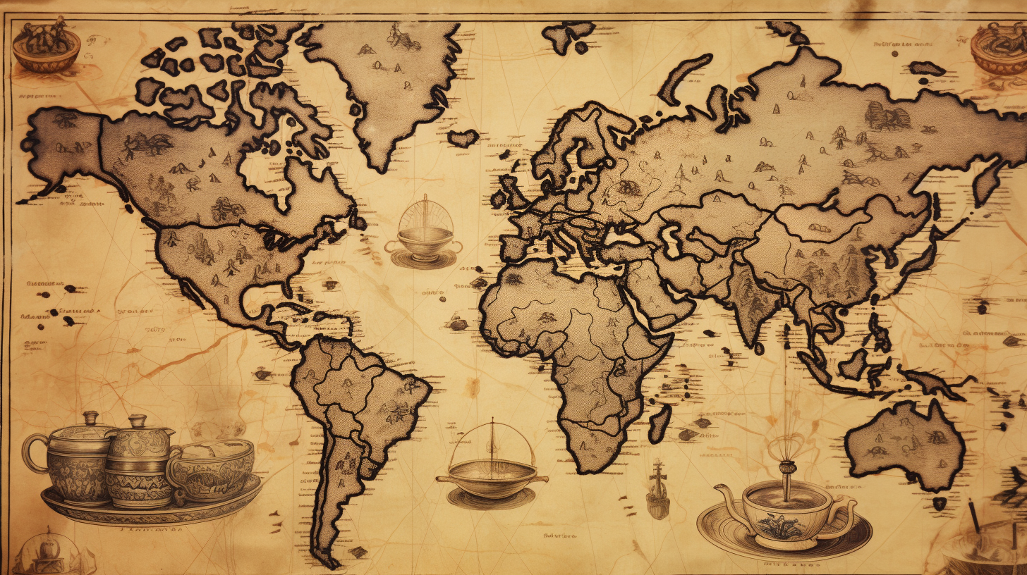 Vintage world map with tea sets and nautical elements.