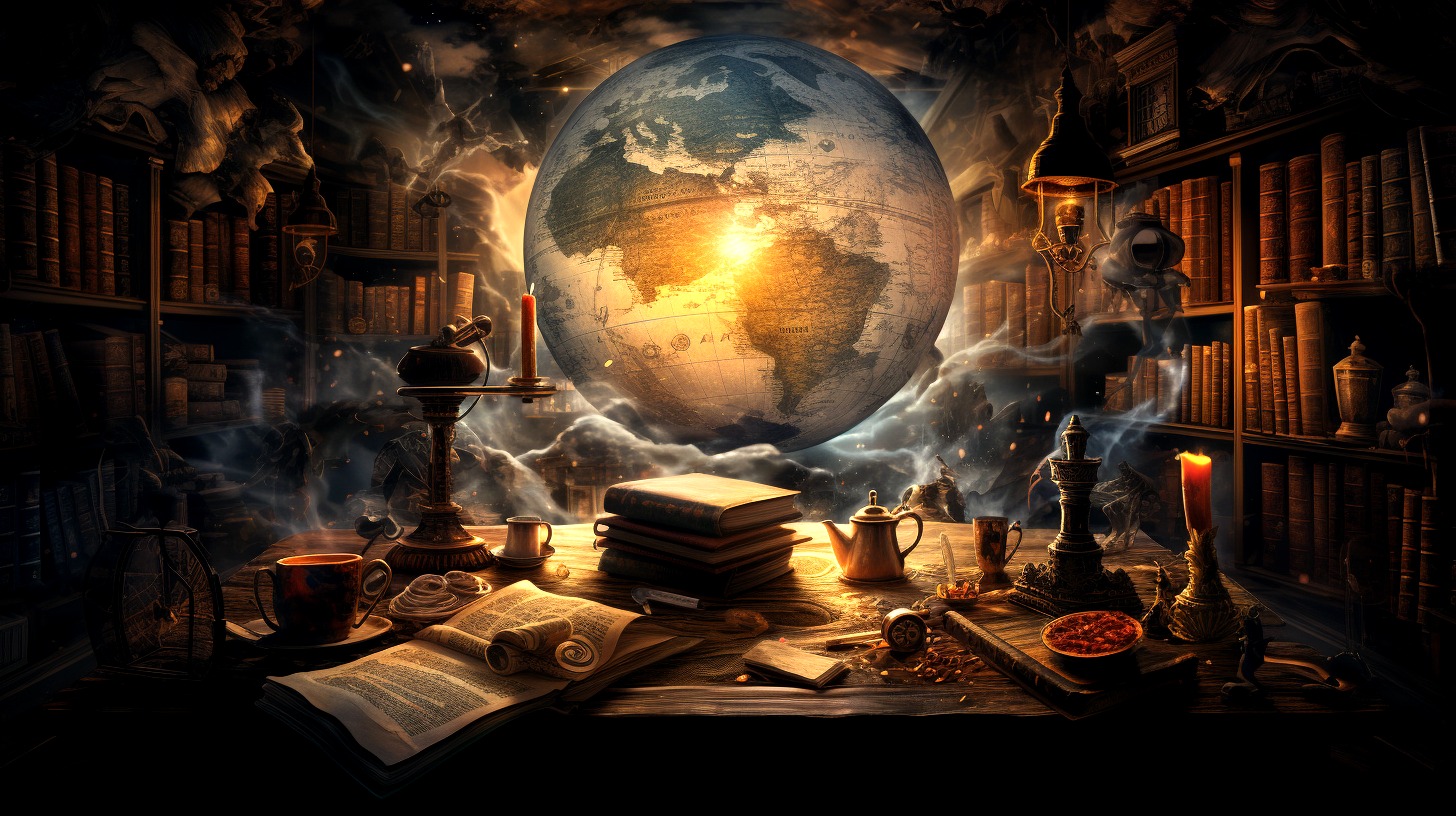 Glowing globe in a mystical library with books, candles, and scrolls on a wooden table.