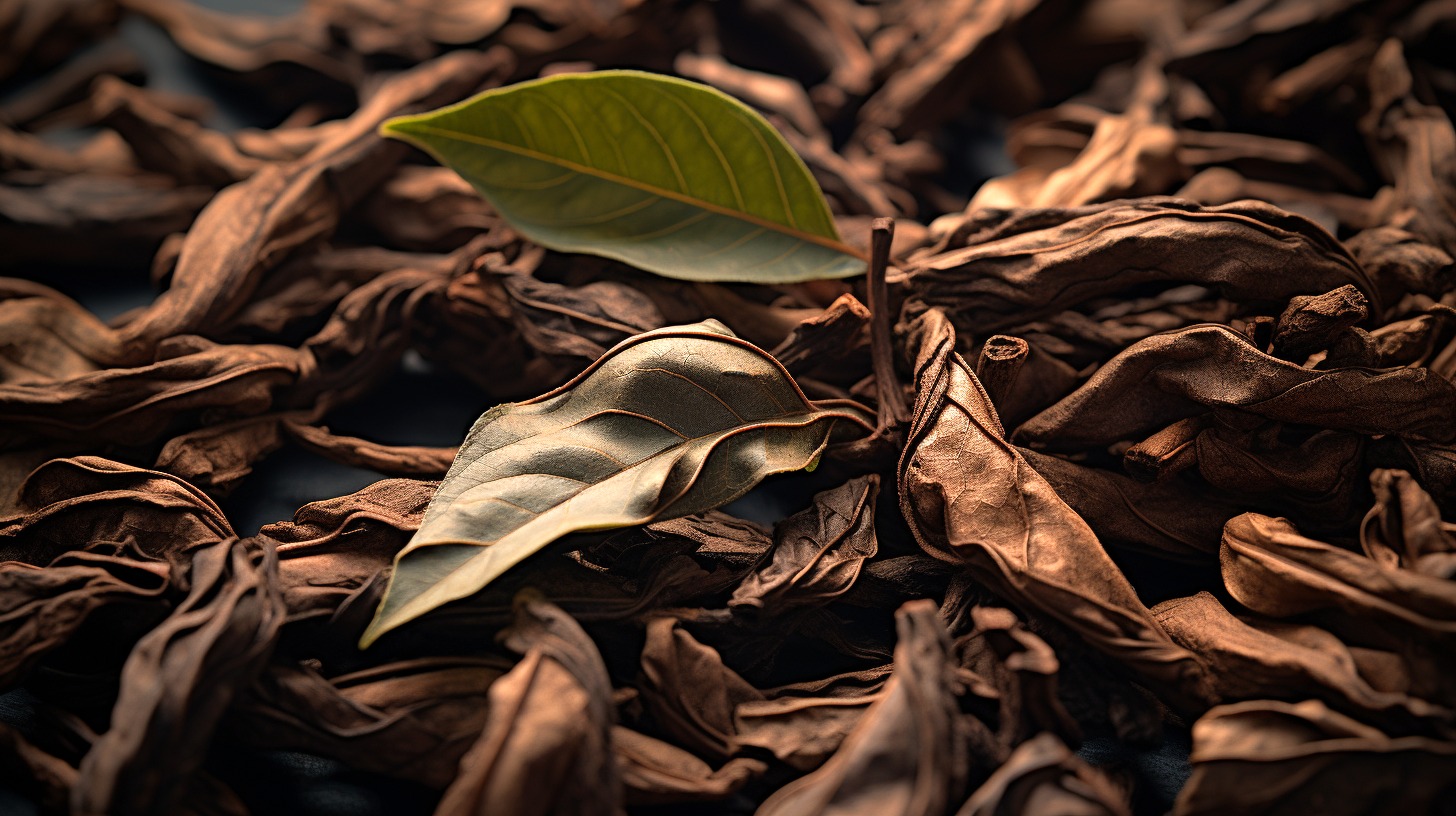 Fresh green leaf on a bed of dried brown leaves.