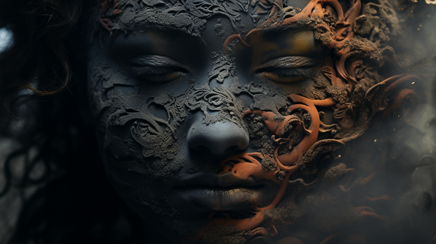 Face with intricate clay patterns, blending gray and orange hues, eyes closed in serene expression.