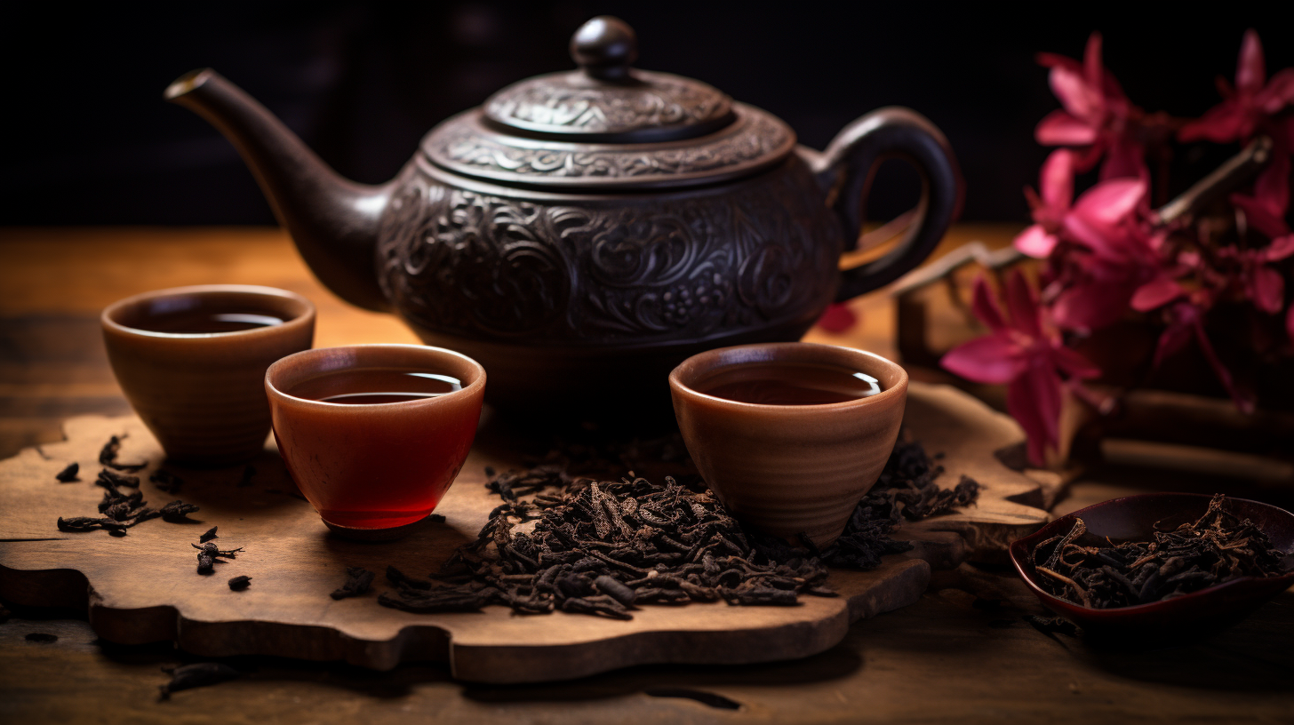 Ornate teapot with three cups of tea, surrounded by loose tea leaves and pink flowers.