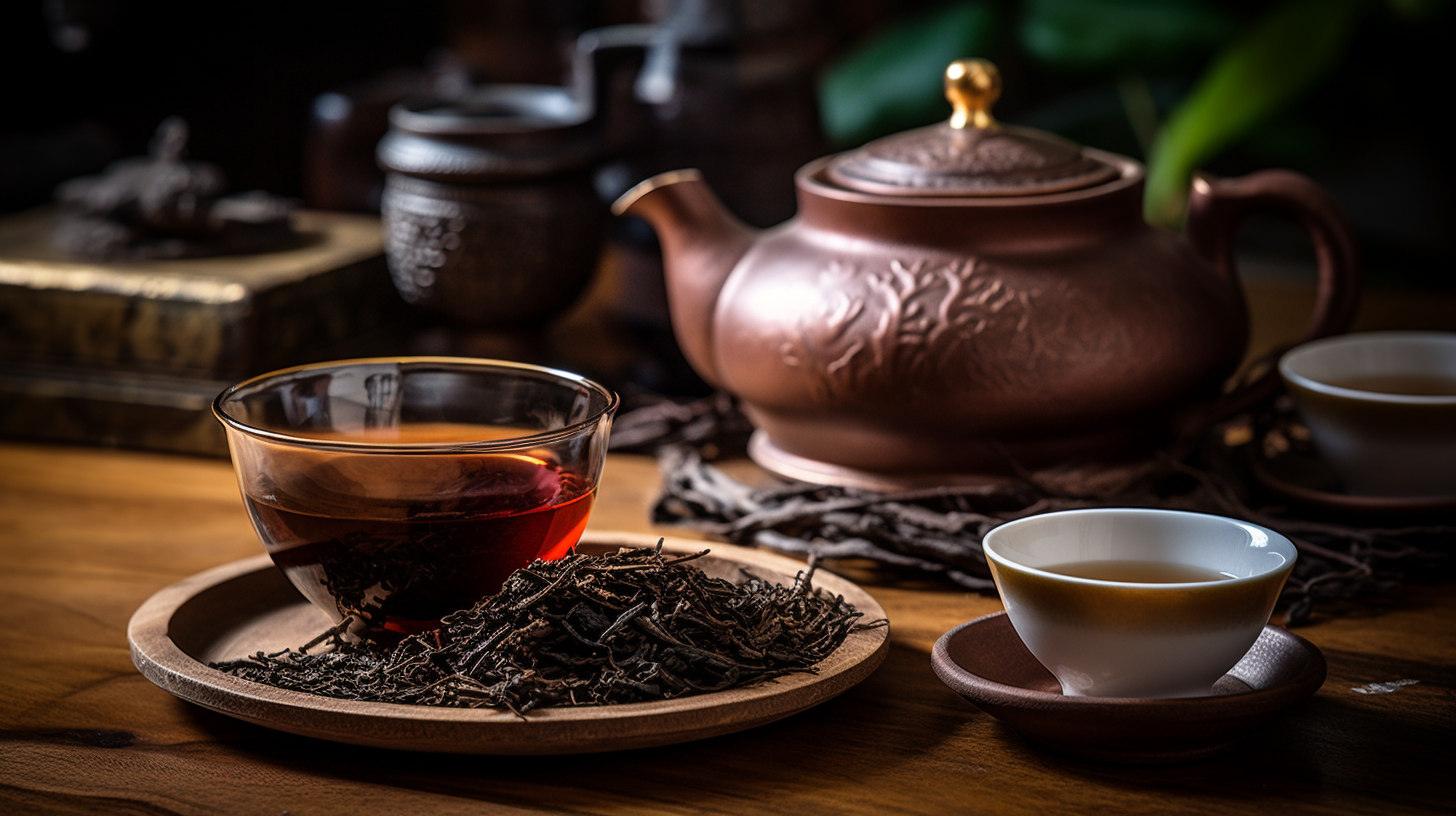 Tea set with a glass of dark tea, a clay teapot, and loose tea leaves on a wooden tray.