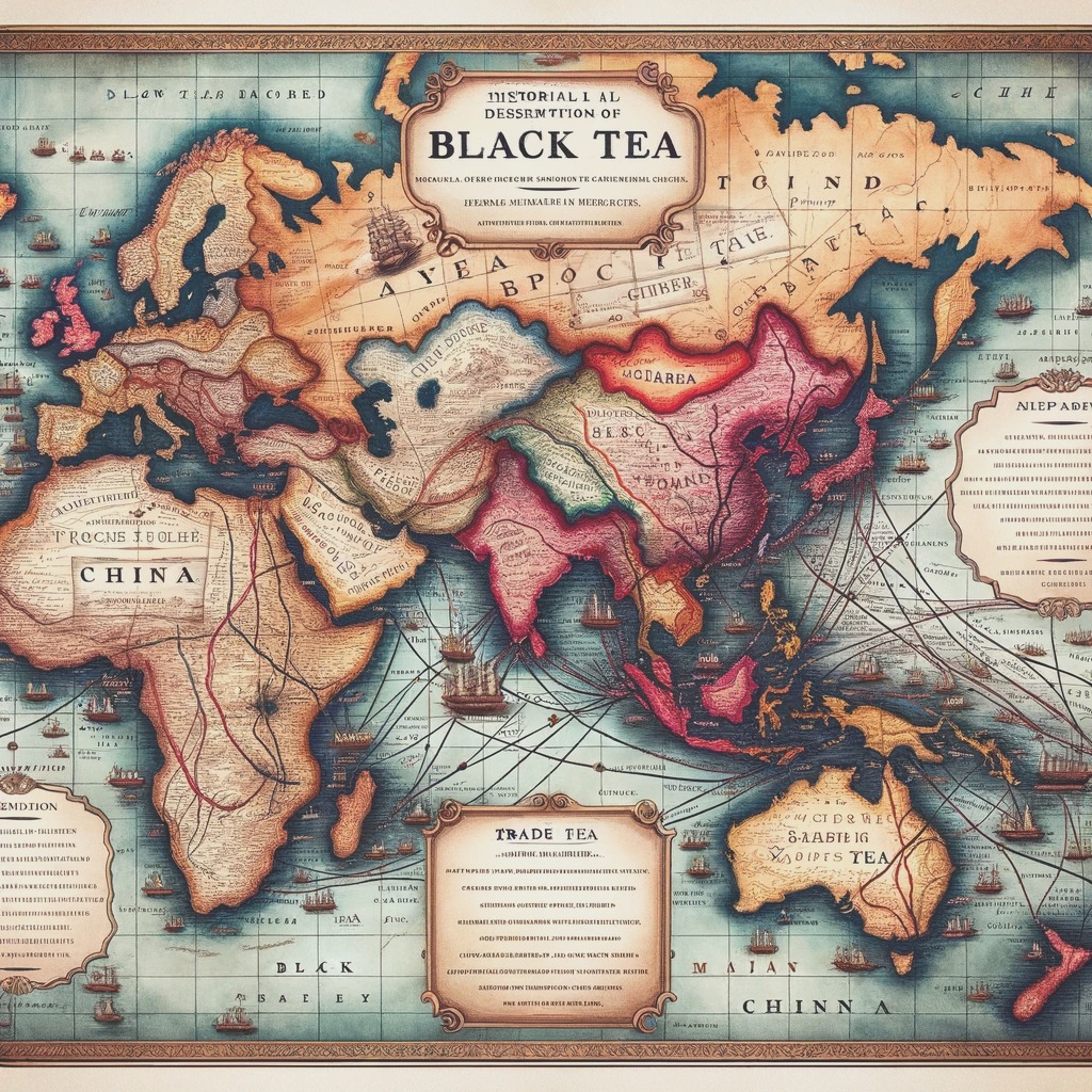 Vintage-style world map illustrating the historical dissemination of black tea.