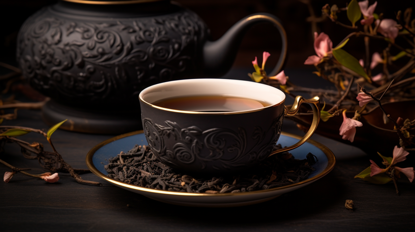 Ornate black teacup with tea, surrounded by dried tea leaves and pink flowers.