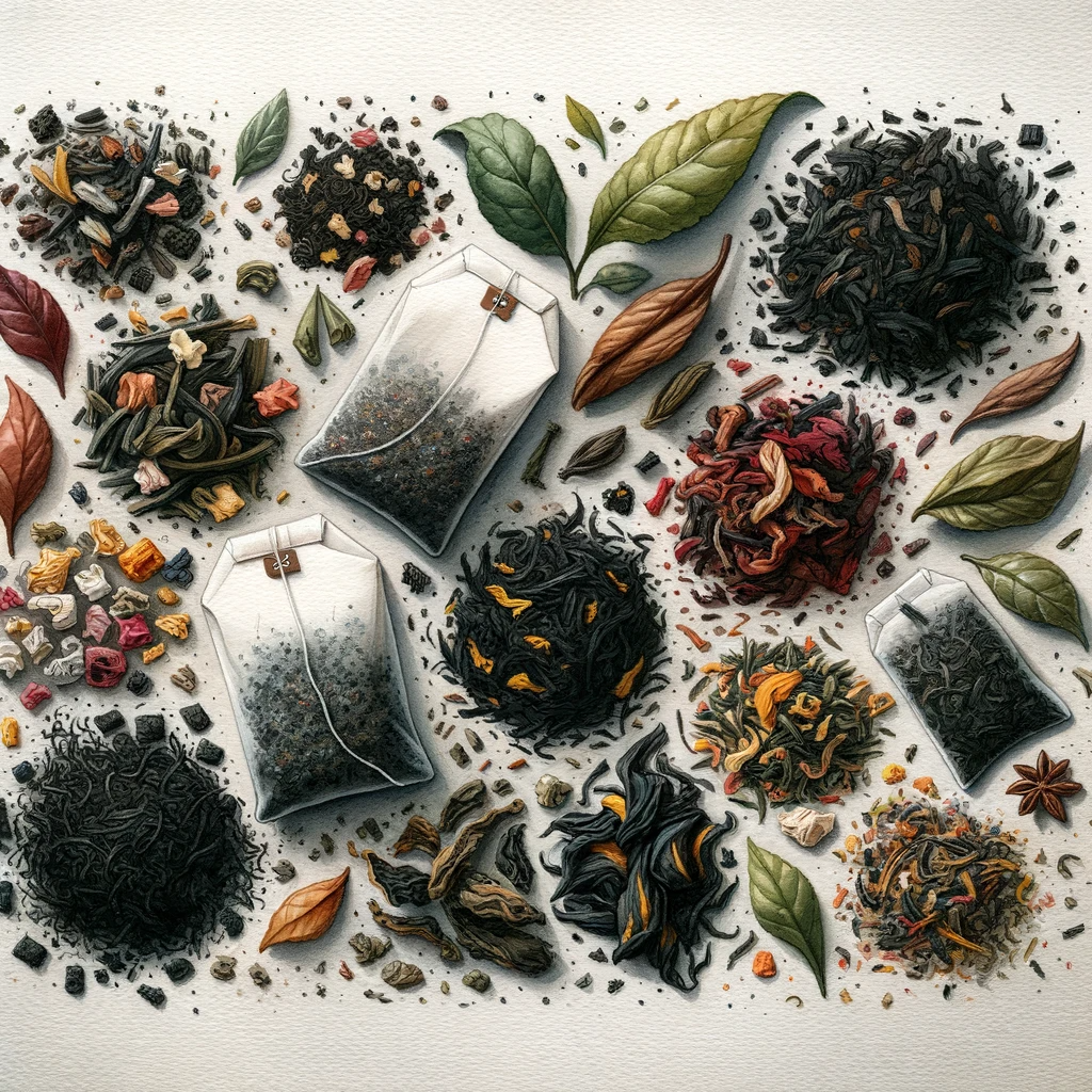 Assorted tea leaves and bags with scattered herbs and leaves on a white background.