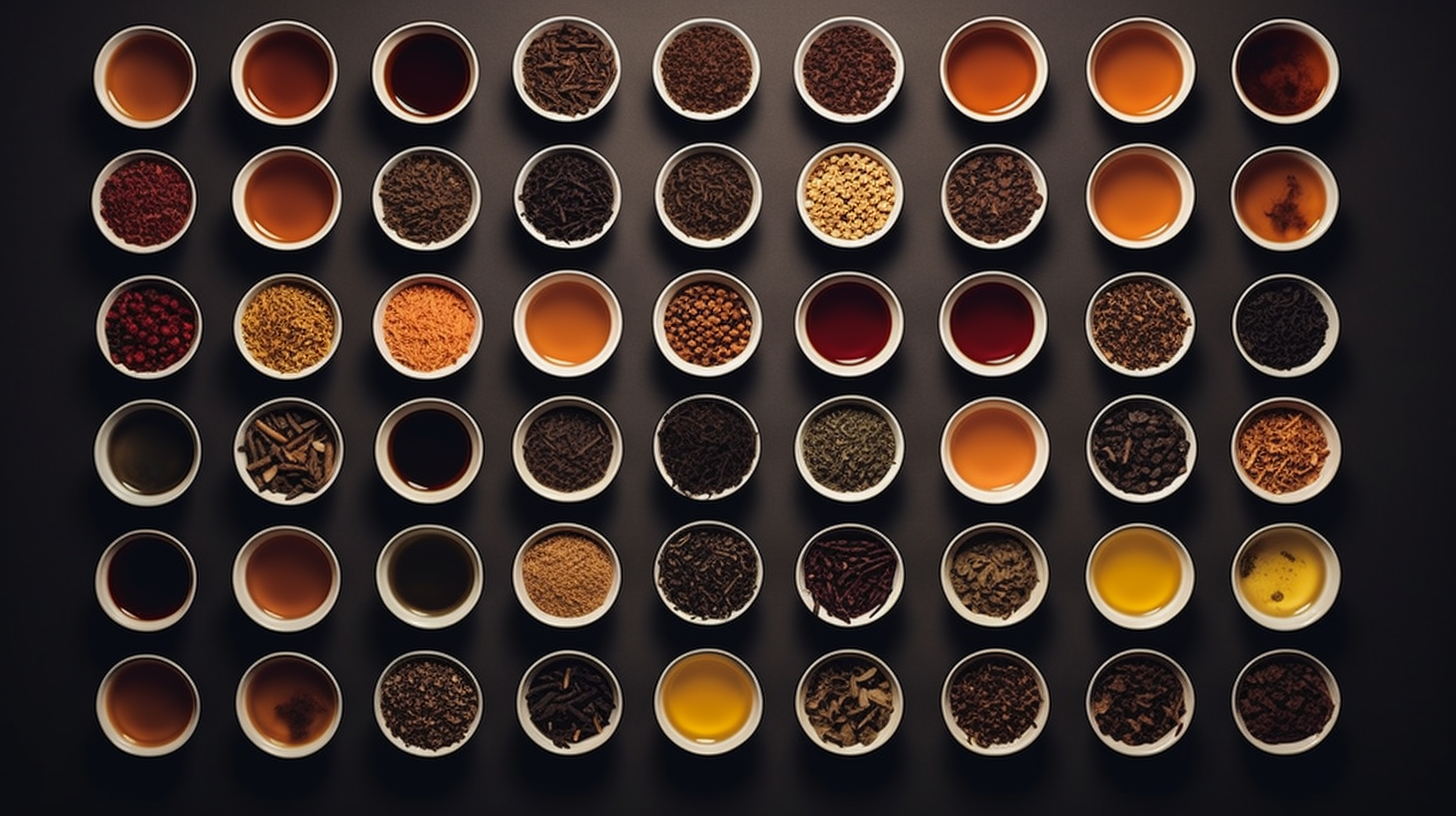 Assorted tea leaves and brewed teas in small bowls arranged in a grid pattern on a dark background.