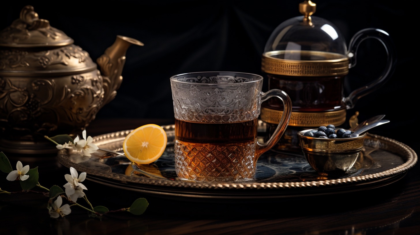 Ornate tea set with glass cup, lemon slice, blueberries, and jasmine flowers on a decorative tray.