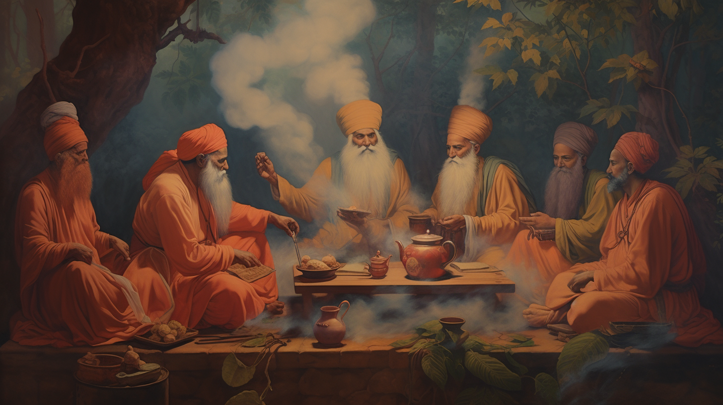 Group of sages in orange robes gathered around a table with steaming pots in a forest setting.