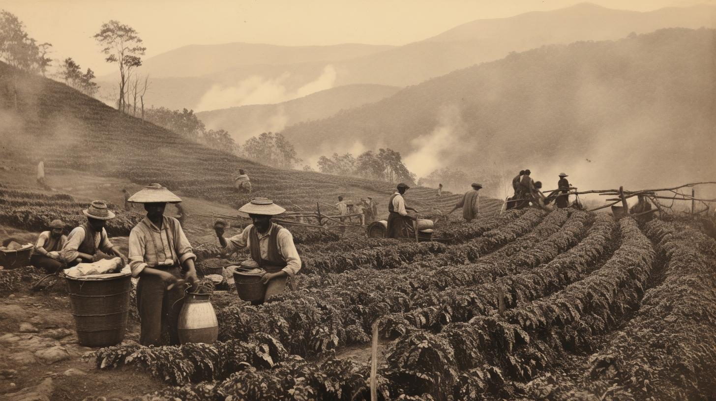 Workers harvesting tea leaves on terraced hills with misty mountains in the background.