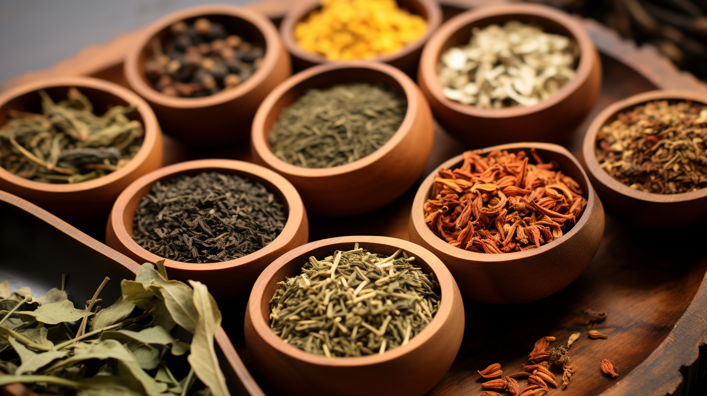 Assorted dried herbs and spices in wooden bowls on a wooden tray.
