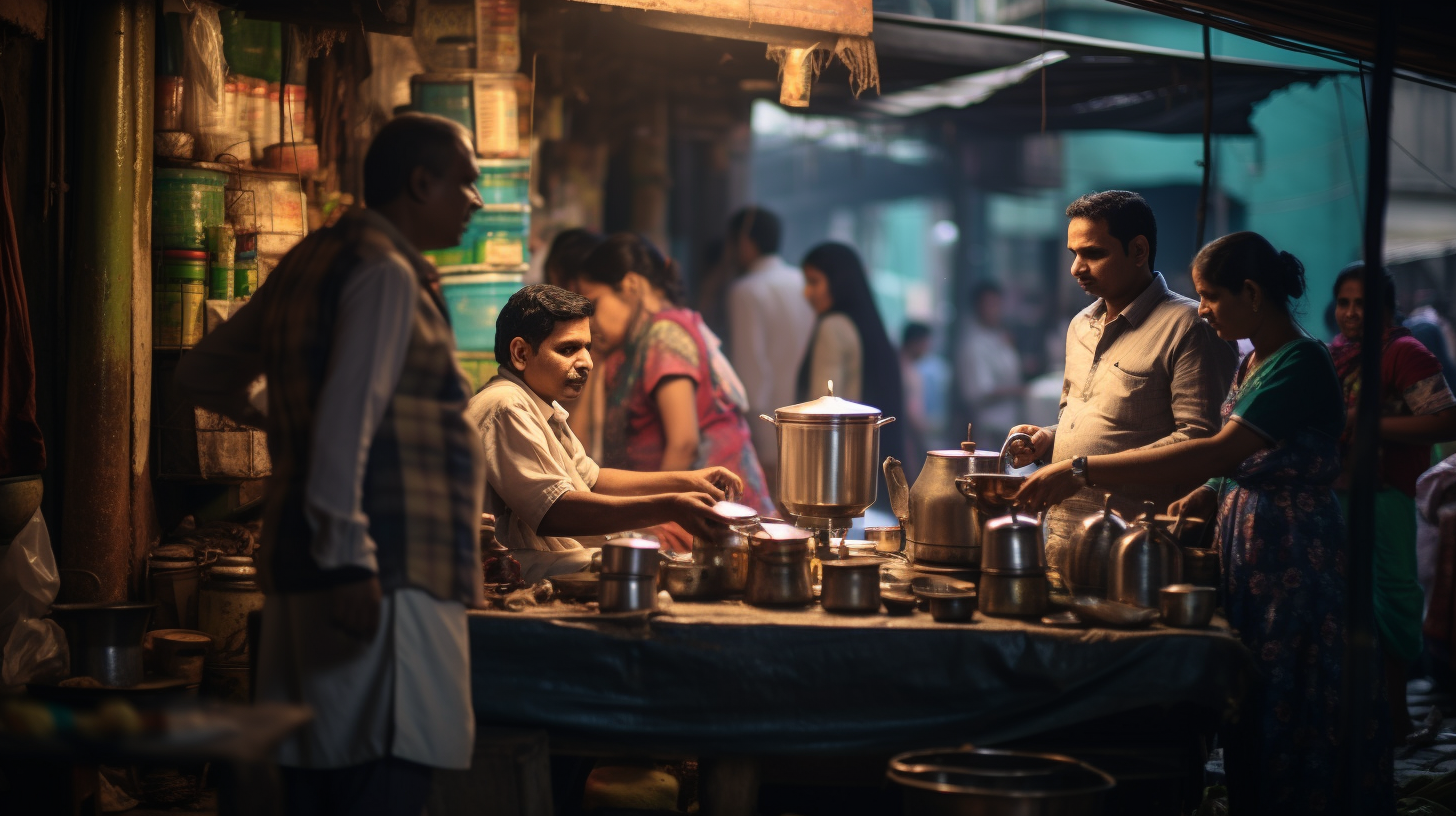 Street vendor preparing tea at a bustling market stall, surrounded by customers.