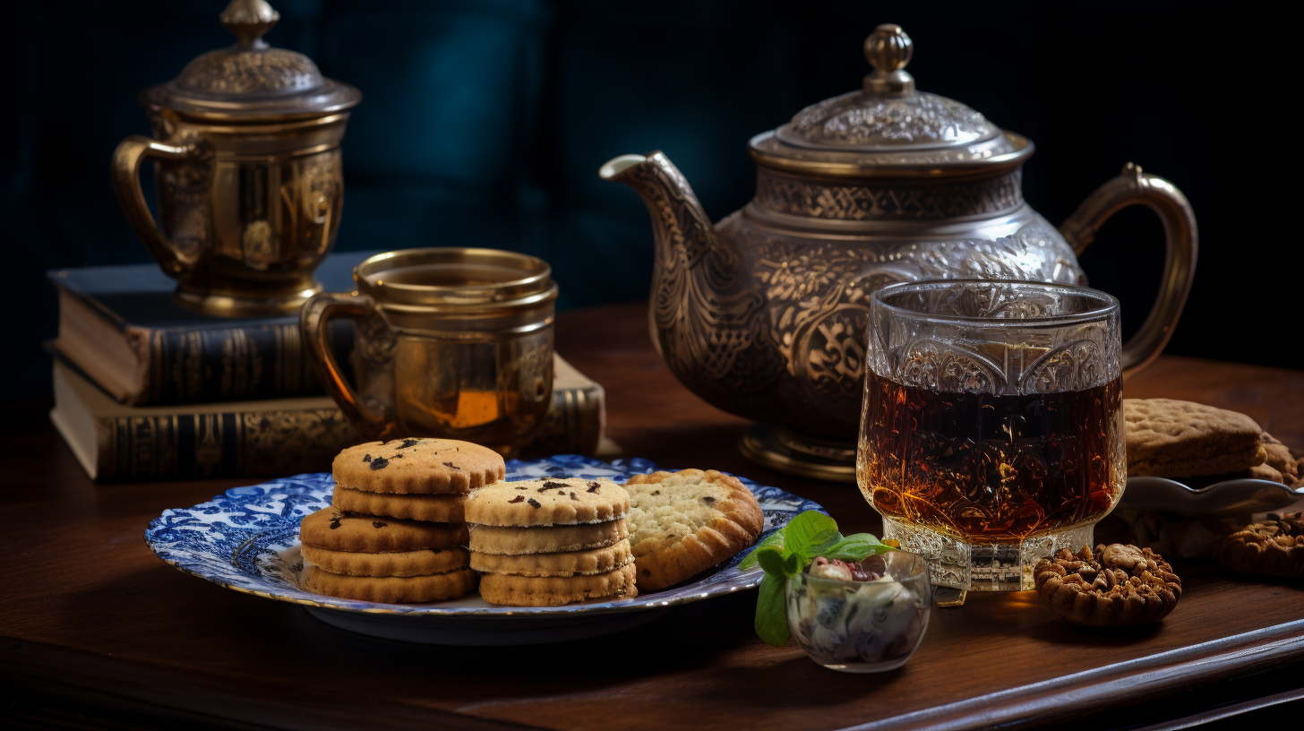 Ornate teapot and cup with cookies on a blue plate, books in the background.