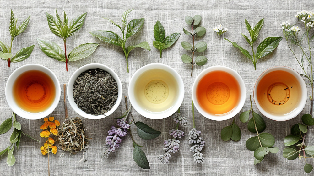 Five cups of tea with different colors, surrounded by various herbs and leaves on a linen cloth.