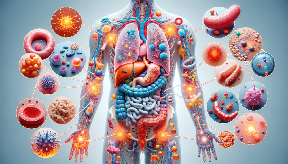 Human body with organs and various bacteria and viruses illustrated around it.
