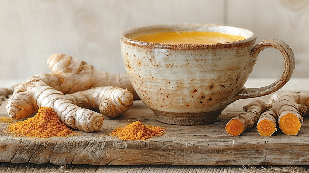 Rustic cup of turmeric tea with fresh turmeric roots and powder on a wooden board.