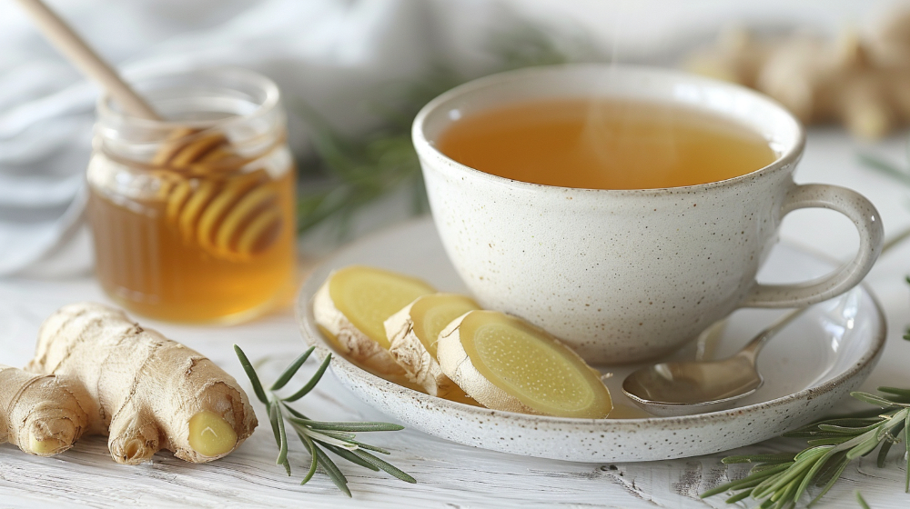 Steaming cup of ginger tea with sliced ginger, honey jar, and rosemary sprigs.