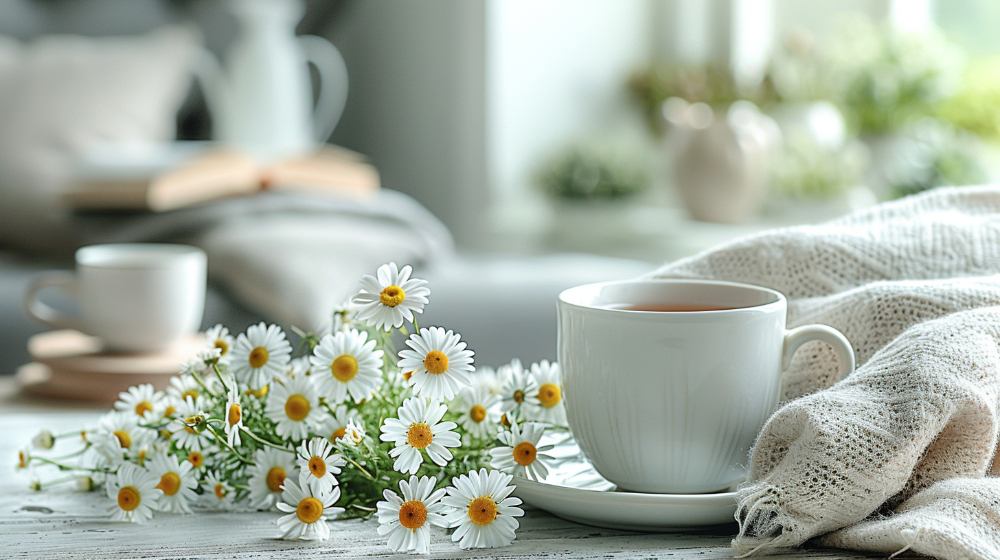 White teacup with chamomile flowers and a cozy blanket on a light wooden table.