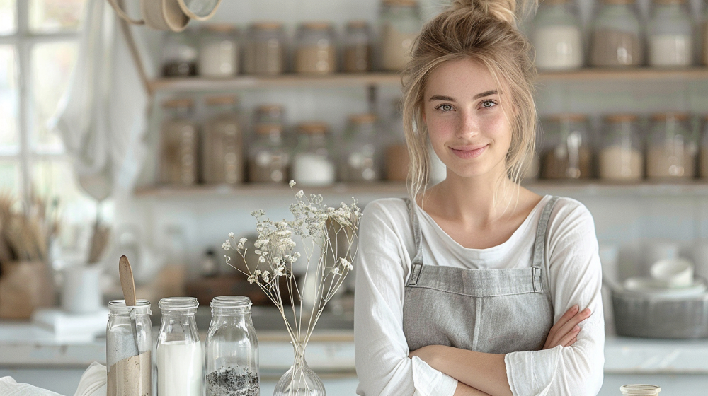 Woman in a cozy kitchen with jars, wearing a gray apron, smiling with arms crossed.