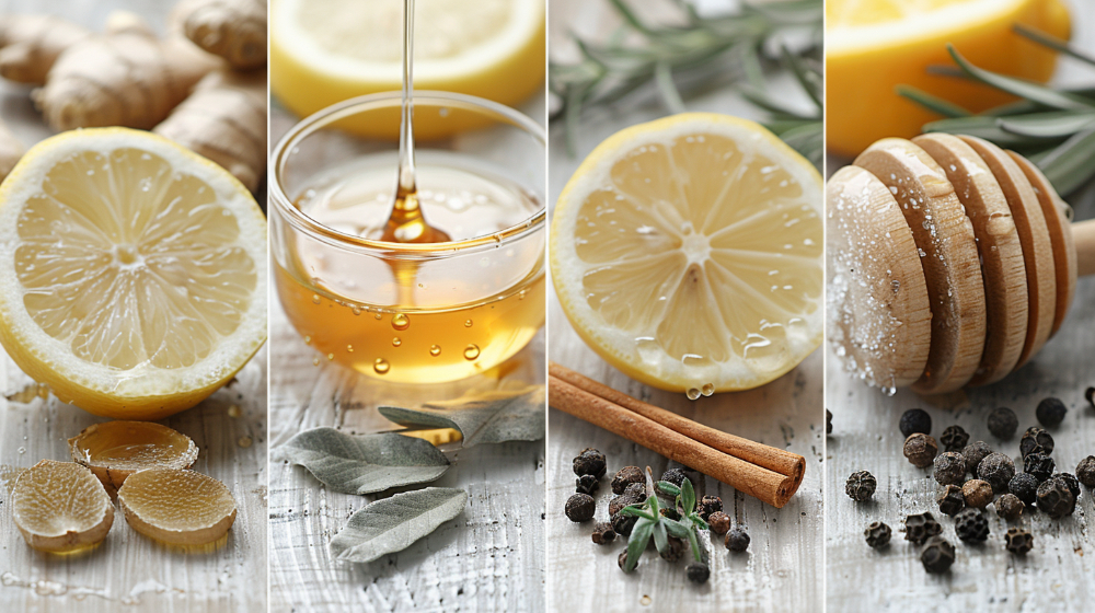 Lemon, honey, ginger, cinnamon, and herbs on a rustic wooden table.