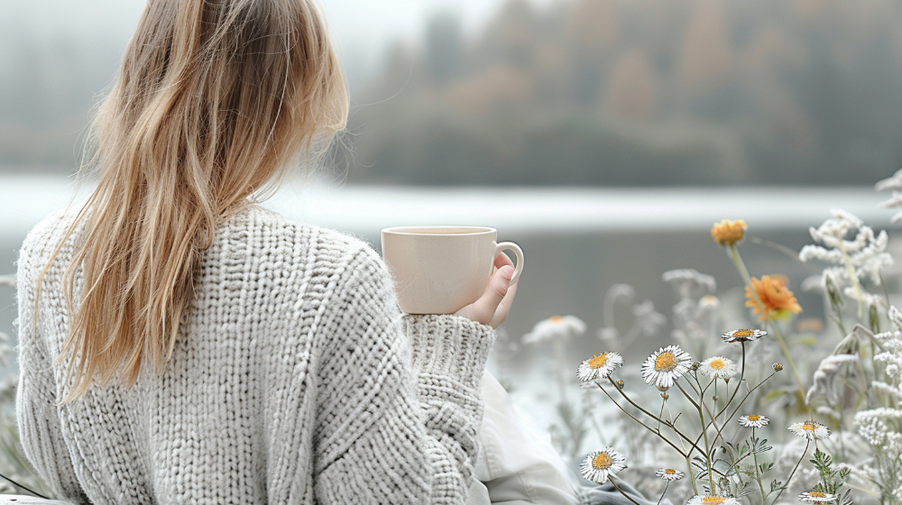 Woman in a cozy sweater holding a mug, sitting by a lake with wildflowers.