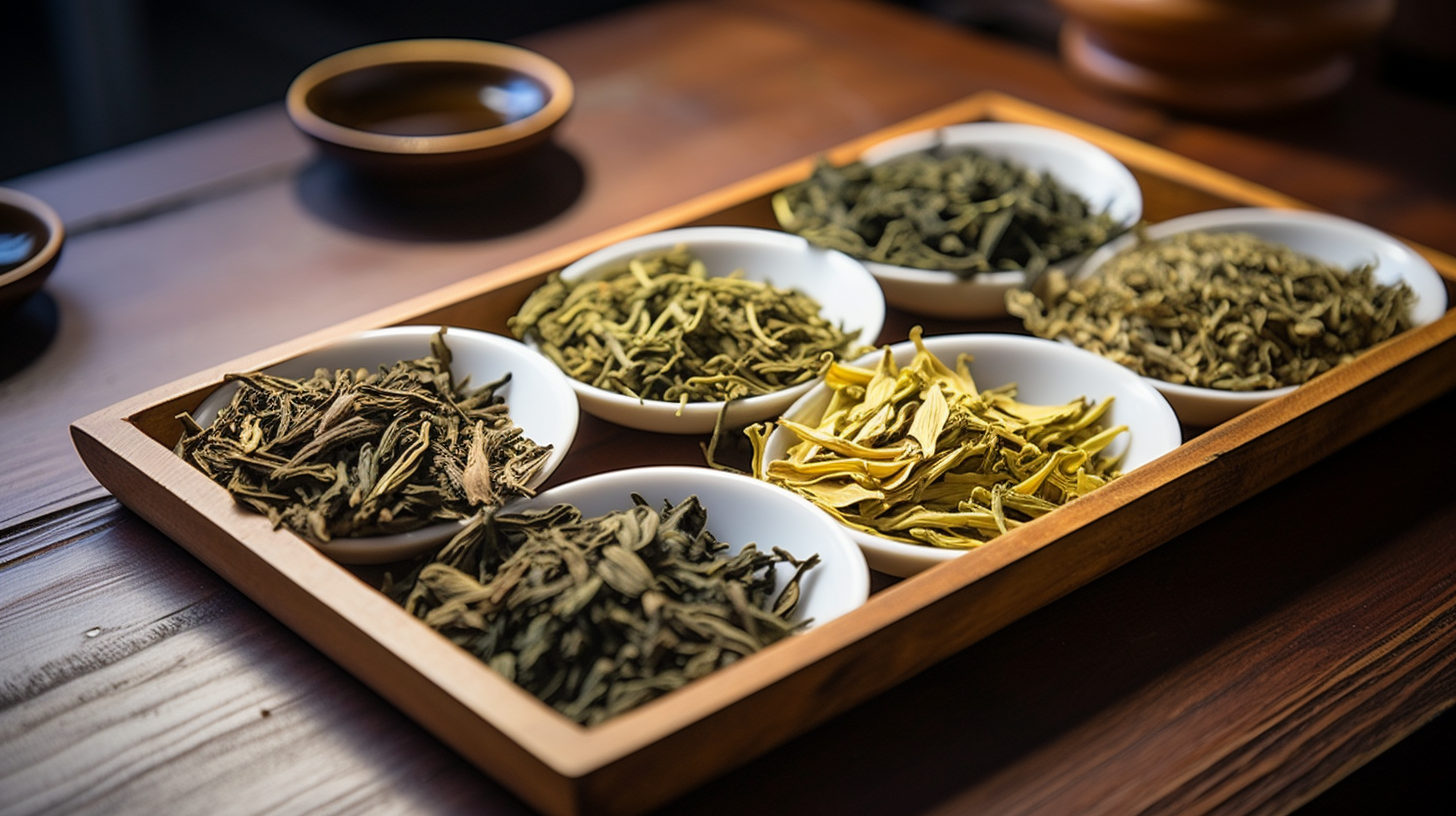 Assorted loose leaf teas in white bowls on a wooden tray.