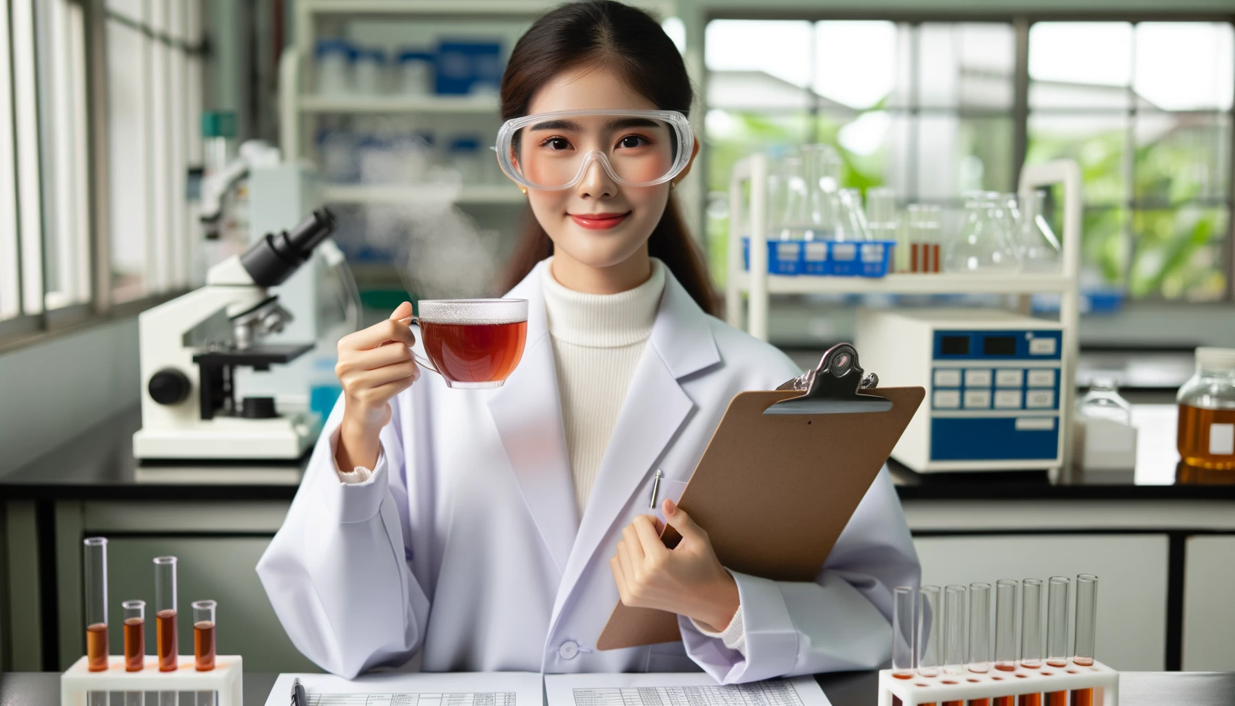 Scientist in a lab coat holding a steaming cup of tea and a clipboard, surrounded by lab equipment.