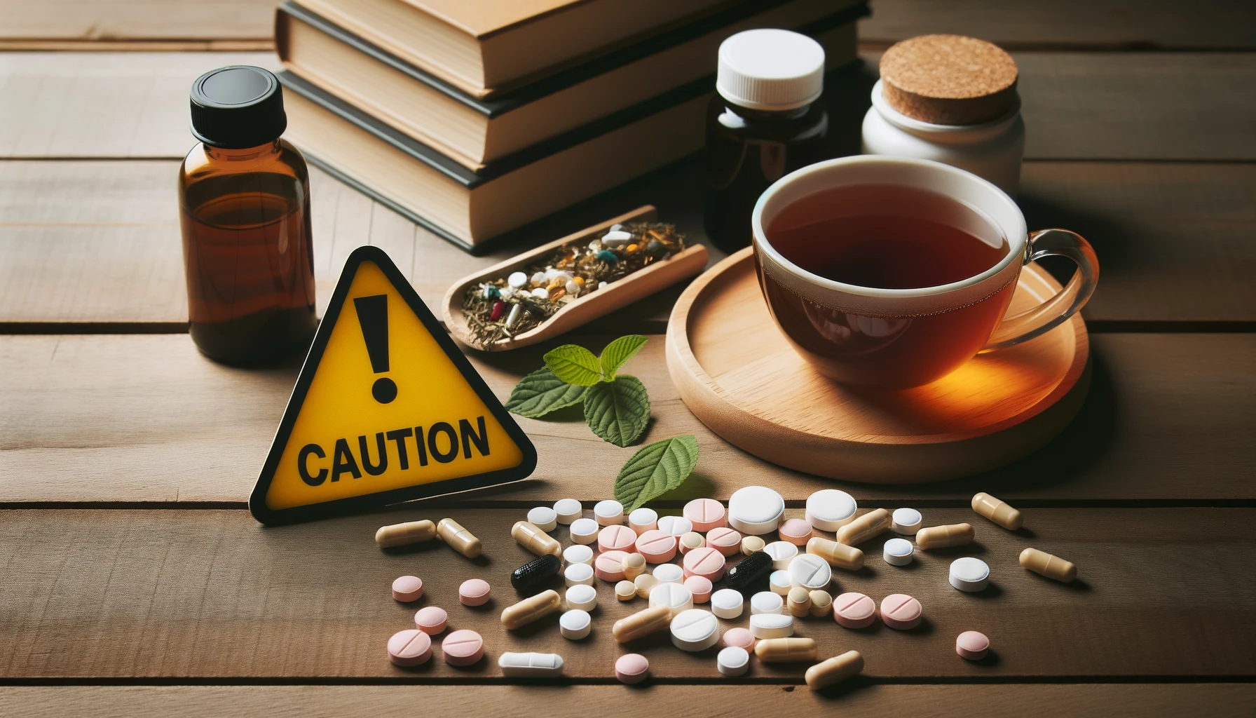 Herbal tea, pills, caution sign, and books on a wooden table.