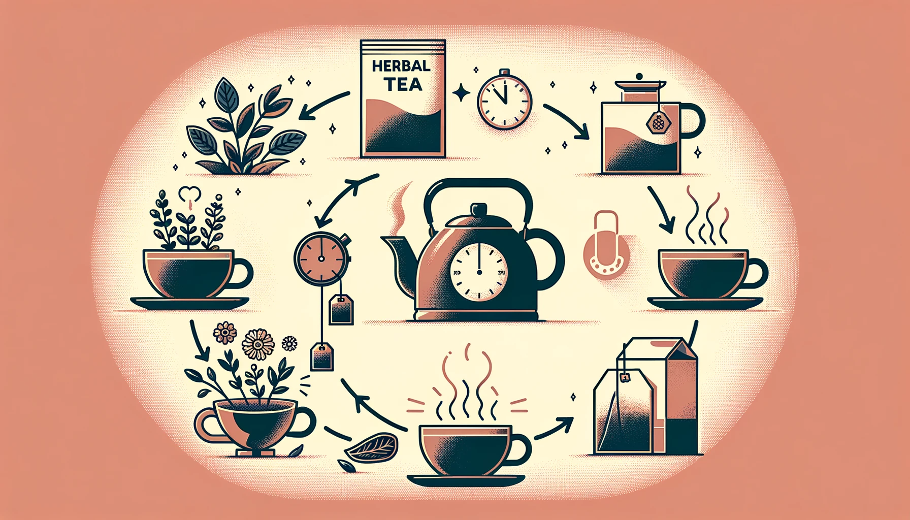 Herbal tea brewing process with teapot, cups, tea bags, and clock icons.