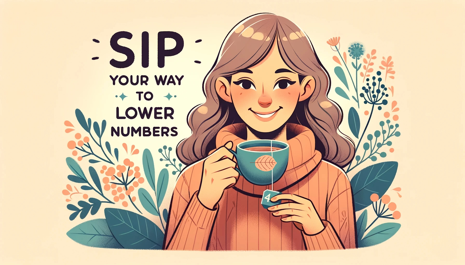 Smiling woman holding tea cup, surrounded by flowers, with text "Sip your way to lower numbers.